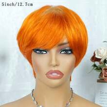 AMECIRE New Short Orange Human Hair Pix Cut Wig With Bang For Women Layered Short Straight Bob Wigs Natural Looking Soft Human Hair Perfect For Daily Wear Party Elegant Wigs - S350 - View 5