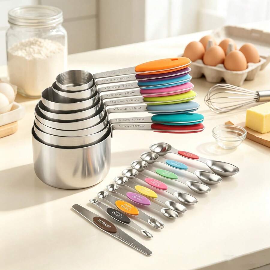 Colorful Measuring Cup, Colorful Magnetic Double-Head Measuring Spoon, Stainless Steel Measuring Spoon And Measuring Cup Set, Multi-Function Measuring Tool Set, Baking Tools, Kitchen Utensils, Kitchen Supplies, Suitable For Dry Or Liquid Ingredients, Cooking Accessories, Baking Essentials, Modern Kitchen Tools, Colorful Kitchenware, High-Quality Spoons, Dry Ingredient Spoons - Multicolor - View 1