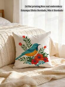 1pc Watercolor Style Vibrant Wild Bird & Plant Floral Leaf Pattern Country Style Spring Sofa Home Decor Pillow Cover (Pillow Insert Not Included) - Multicolor - View 1