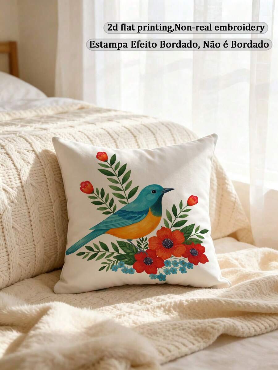 1pc Watercolor Style Vibrant Wild Bird & Plant Floral Leaf Pattern Country Style Spring Sofa Home Decor Pillow Cover (Pillow Insert Not Included) - Multicolor - View 1