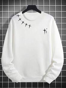 GRDR Men's Spring/Autumn Minimalist Four-Pointed Star Small Print Crew Neck Sweatshirt, Casual Loose Fit Solid Color Pullover - White - View 3