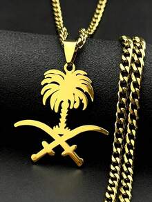 Saudi Arabia National Emblem Palm Tree Crossed Ali Sword Pendant Necklace Stainless Steel Gold Color Islamic Arab Chain Jewelry - Necklace - View 8