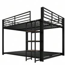 140*200CM Metal Loft Bed / Bunk Bed With Wooden Staircase Storage, Stable Double Bed In Black - Black - View 5
