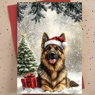 1pc Personalized Christmas Card With German Shepherd And Santa Hat - High Quality, Comfortable Touch, Suitable For All Christmas Recipients