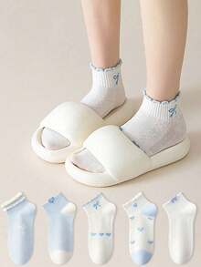 Women's Blue Bowknot Heart Pattern Short Socks, Cute Style, Soft & Skin-Friendly, Campus Wear, Casual Versatile - Multicolor - View 3