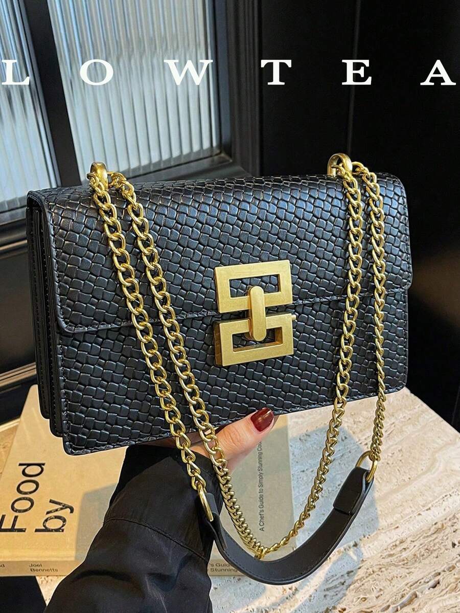 1pc Women's Solid Color PU Leather Shoulder Bag, Fashionable Diamond Quilted Embroidery Pattern, Metal Chain Strap & Flap Lock Closure, Suitable For Shopping, Dating, Student, Beginner, Office Lady, College, Work, Commute