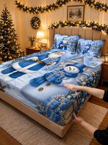 3PCS Christmas Cartoon Snowman & Santa Claus Bed Sheet & Pillowcase Set, (1PC Bed Sheet + 2pcs Pillowcases, Pillow Inserts Not Included,) Polyester Digital Print, Christmas Theme Pattern, Cartoon Warm Christmas Non-Slip Bedding Set, Machine Washable, Bedroom Holiday Home Textile - Multi-color 3 - View 8