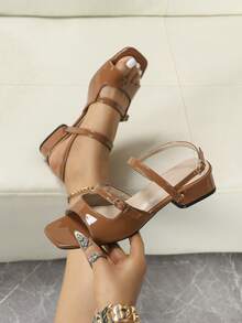 女款高跟涼鞋 時尚後扣式低粗跟 Slingback 通勤涼鞋 休閒沙灘拖鞋 - 棕色 - 查看 2