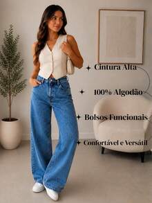 Calça Jeans Feminina Wide Leg 100% Algodão Lavagem Marmorizada Premium Empina Bumbum Sem Lycra Cintura Alta Bolsos Funcionais Pantalona Boca Larga Elegante Sofisticada - Marmorizada - Visão 6
