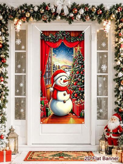 1pc Door Christmas Door Banner,Snowman Christmas Tree Porch Banner,Polyester Front Door Hanging Sign For For Home Office Indoor Outdoor Christmas Use