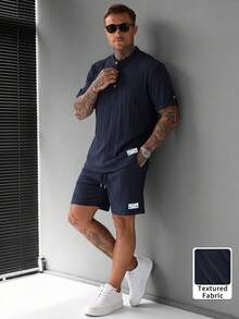 Men's Spring/Summer 3-Button Henley Neck Short Sleeve Shirt And Drawstring Shorts Solid Color Jacquard Casual Holiday 2pcs Set - Royal Blue - View 1