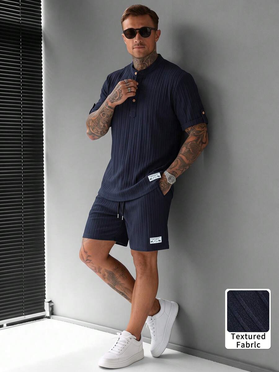 Men's Spring/Summer 3-Button Henley Neck Short Sleeve Shirt And Drawstring Shorts Solid Color Jacquard Casual Holiday 2pcs Set - Royal Blue - View 1