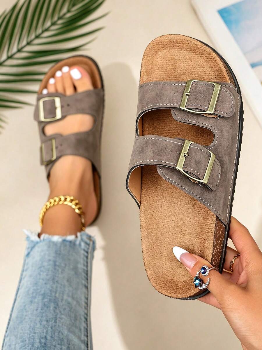 Sandálias Rasteiras Casuais de Verão Femininas, Decoração Ajustável com Fivela de Metal, Bico Redondo Aberto, Palmilha de Camurça, Sapatos de Praia, Adequadas para Uso Diário, Sandálias Marrons - Castanho - Visão 1