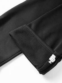 Men's Velvet Lined Straight Leg Sweatpants, Drawstring Elastic Waist Casual Pants, Embroidered Decor, Split Hem Joggers - Black - View 7
