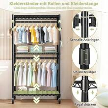 Rolling Garment Rack, Heavy-Duty Clothes Rack With Wheels, 3-Tier Adjustable Wire Shelf With 2 Hanging Rods And Side Hooks, Portable Closet Organizer, Black - Black - View 4