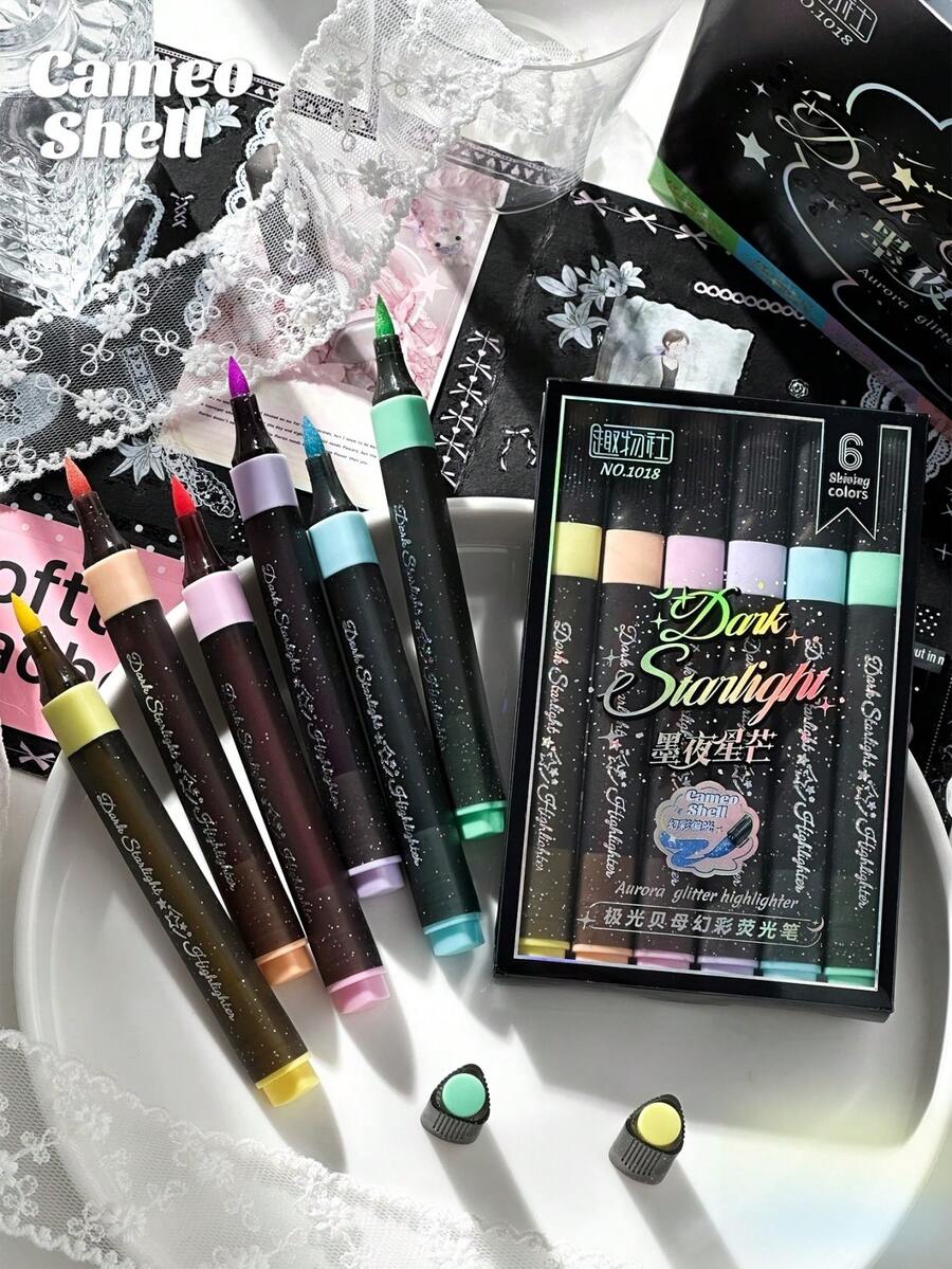 6支裝 Dark Starlight 系列亮粉螢光筆，軟尖亮粉螢光筆，彩色手帳筆，三角筆桿，適用於剪貼簿、手寫筆記與線條繪圖 - Highlighter - 查看 1