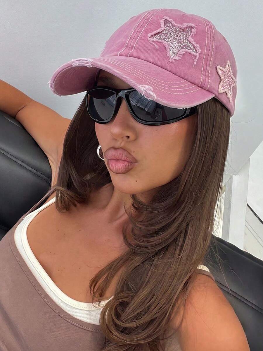 1pc Washed Baseball Cap, Distressed Star Patch Vintage Dad Hat, Y2K Street Style Distressed Pointed Cap, Women's Daily Outdoor Style - Star Patch Baseball Cap - View 1