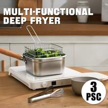 Square Stainless Steel Deep Fryer Pot Wooden Handle, Chip Frying Pan With Fry Basket & Tongs, Multi Functional Tempura Deep Fat Fryer Kitchen Cookware - View 2