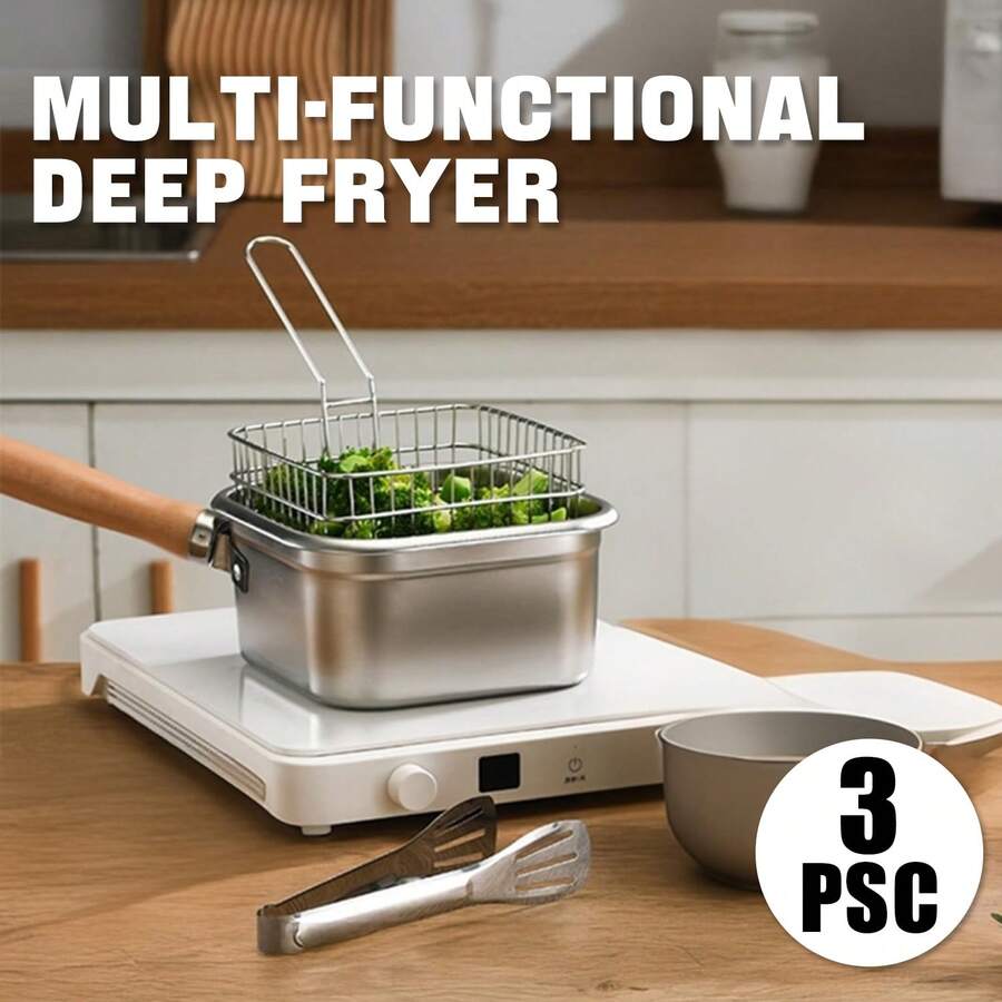 Square Stainless Steel Deep Fryer Pot Wooden Handle, Chip Frying Pan With Fry Basket & Tongs, Multi Functional Tempura Deep Fat Fryer Kitchen Cookware