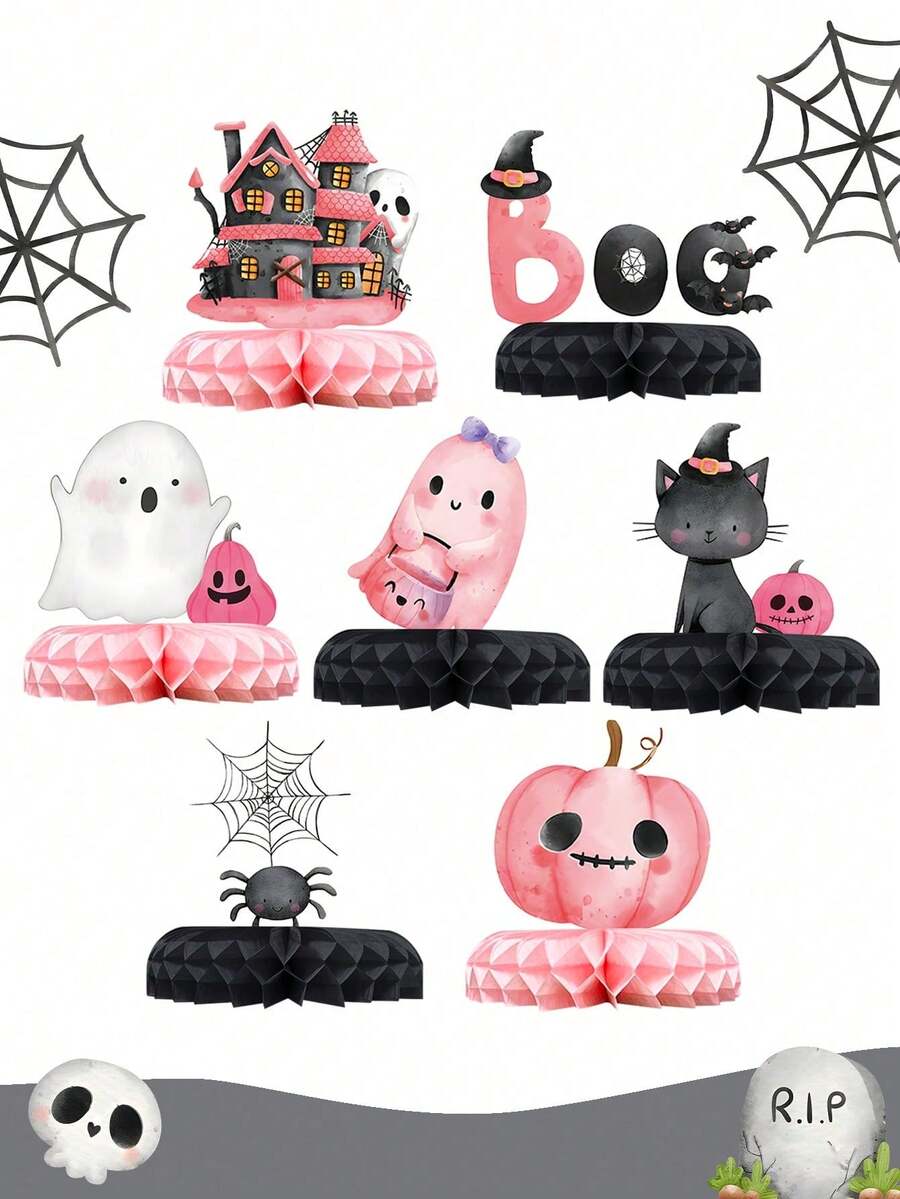 Exquisite Pink Honeycomb Decoration, Printed With Ghost, Pumpkin And Castle Patterns. Suitable For Tabletop Arrangement, Background Decoration And Photo Shooting. Ideal Decoration And Party Gift For Indoor And Outdoor Halloween Events.