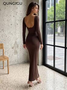 Women Elegant Knit Dress Boat Neck Long Sleeve Backless Cutout Ruched Slim Fit Outfits For Going Out Dating Prom - Brown - View 5