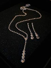 Rhinestone Chain Stud Earrings & Necklace Set - Silver - View 3