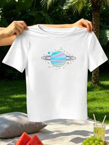 Women's "Pastel Planet" Graphic Print T-Shirt, Soft Cotton, Comfortable Fit, Breathable, Casual, With A Great Print. - White - View 2