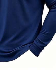 Men's Solid Color Long Sleeve Polo Shirt With Pocket, Turn Collar Button Up Top, Casual Daily Commute Sports Long Sleeve T-Shirt - Navy Blue - View 5