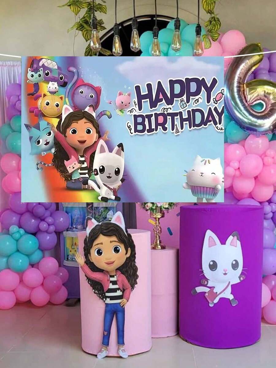 MASSDI Gabby Dollhouse 生日快樂 Gabby Cat 主題攝影背景布,多色卡通角色圖案派對背景布,防皺輕量橫幅,適合生日拍照、室內慶祝場景裝飾 - 多款 - 查看 1