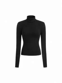 Autumn/Winter Casual Versatile Solid Color Turtleneck Top - Black - View 1