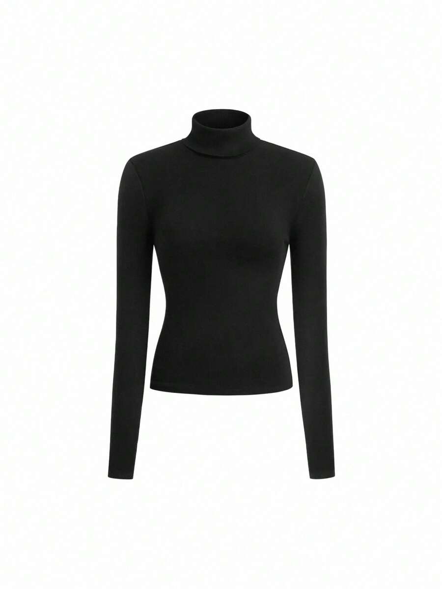 Autumn/Winter Casual Versatile Solid Color Turtleneck Top - Black - View 1