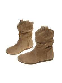 Vintage Maillard Ruched Mid-Calf Boots For Women, Autumn/Winter Fashion Commute, Shopping, Travel, Casual Versatile Flat Ankle Boots, Brown Boots, Black Boots - Camel - View 9
