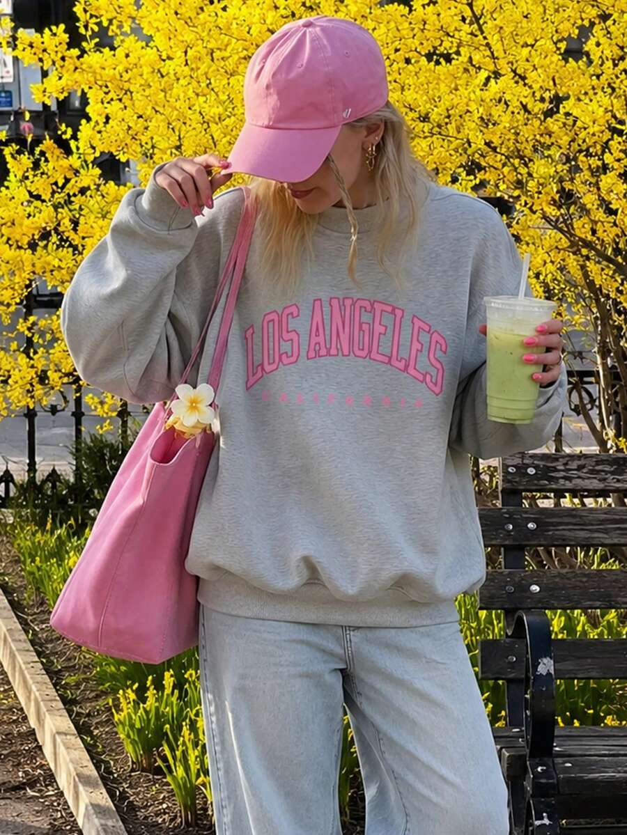 女士秋冬新款时尚ins迷人撞色美式英伦印花休闲圆领时尚百搭运动衫 - 深花灰 - 查看 1