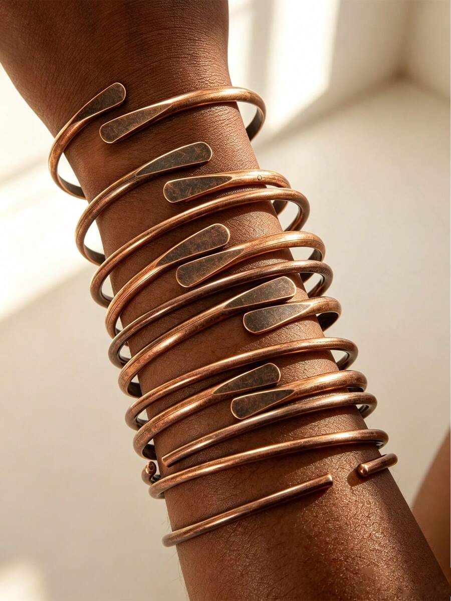 1~15pcs Pure Copper Tackable Bangl Bracelets For Women Men Waterproof Healing Cuff Bracelets For Men Adjustable Chunky Copper Bangle - Bronze - View 1