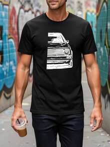 Kurzarm-T-Shirt aus Baumwollmischgewebe, minimalistischer Stil, Van-Line-Motiv, Oberteil für Autoliebhaber, Alltagskleidung, Geschenk für Freunde, Stylisch - Schwarz - Übersicht 7