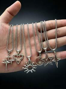 6pcs/Set Vintage Gothic Hip Hop Star Flame Spiral Sun Heart Pendant Stainless Steel Chain Necklace Set, 6pcs Mixed Baroque Pendant Necklaces - Silver - View 5
