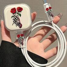 Protective Case For UK Apple 18/20W Charger, Portable Cute Cartoon Fashion TPU Material Data Cable Protector, Ink Bamboo Pattern/Hand-Held Rose/White Flower Pattern/Black Cat Pattern/Cat And Yarn Pattern/Blue And Red Flower Pattern/Pink And Black Heart Black Cat Pattern 3pcs Set - Multicolor - View 13