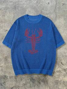 ANDREILEE Men's Unisex Knit Top Street Casual Lobster Pattern Hollow Out Semi-Sheer Round Neck Short Sleeve Pullover T-Shirt Spring Summer - Blue - View 3