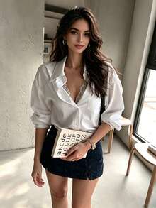 Women's Casual Commute Solid Color Front Button Pocket Dropped Shoulder Loose Fit Long Sleeve Shirt - White - View 3