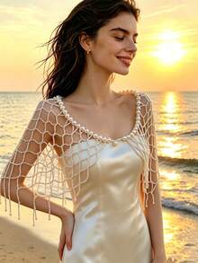 Elegant Beaded Mesh Shawl Cover-Up, Faux Pearl Shoulder Wrap Body Accessory, Suitable For Beach Vacation, Nightclub - White - View 4