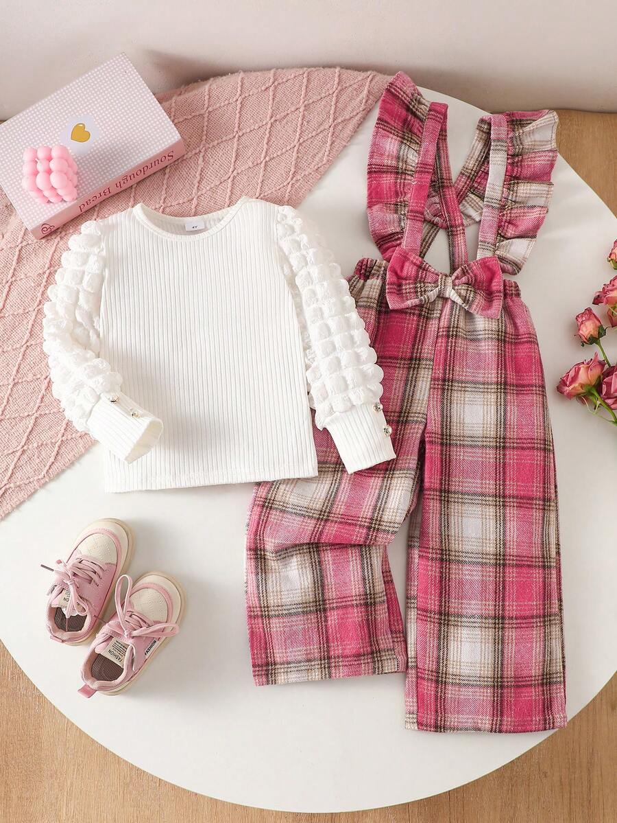 MYVLNA 2pcs/Set Girls White Long Sleeve Top With Pink Plaid Overall Pants, Round Neck, 3D Pleated Sleeves With Button Cuffs, Ruffle Straps And Bow Waist, Wide Leg, Sweet Preppy Style - Multicolor - View 1