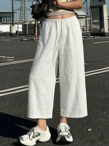Women's Cropped Wide Leg Pants, Summer New Elastic Waist Drawstring Lightweight Breathable, Slouchy, Loose Versatile Casual Pants White - White - View 1