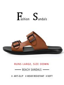 2026 New Fashion Adjustable Double Buckle Design Slide Sandals Casual Beach Shoes Vacation Style Men's Slippers - Yellowish Brown - View 2
