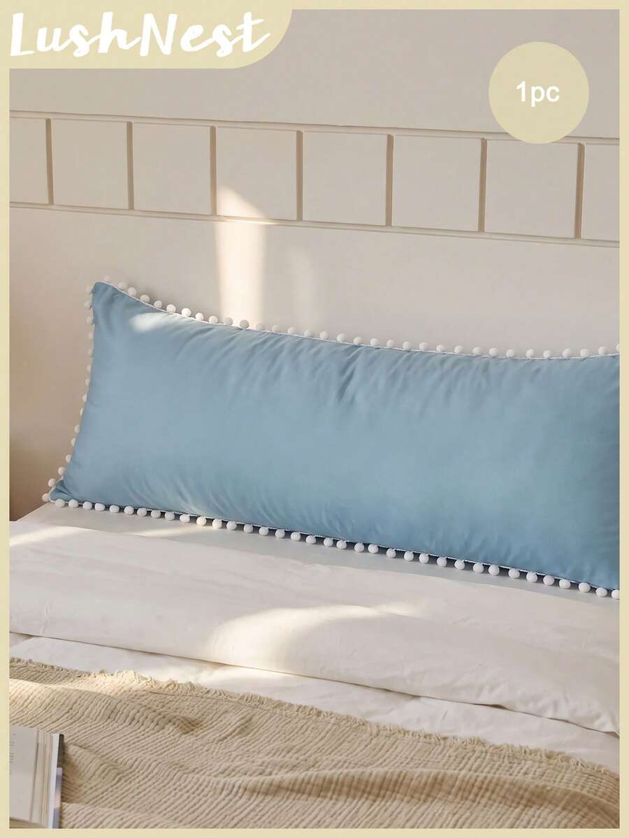 1pc Solid Light Blue Long Pillowcase With White Pom-Poms (Without Insert), Comfortable And Breathable Polyester Fiber Suitable For All Seasons, Used In Bedroom Scenes, Home Decoration, Versatile Daily Fresh And Cute, Cozy Bedding, Pom-Pom Trim - Gray-blue - View 1