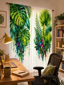 2pcs Creative Pixel Drip Watercolor Tropical Green Plant Pattern Printed Semi-Sheer Curtains, 90GSM Polyester Semi-Sheer Privacy Protection, Easy Installation, Quick Dry, Fade-Resistant, Lightweight Removable Washable Curtains, Suitable For Home, Room, Kitchen Partition Or Decoration - Multicolor - View 7