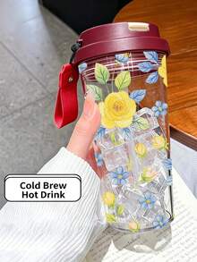 1 pieza/5 piezas Vaso de agua de plástico de 500ml con estampado floral de rosa amarilla y azul vintage de verano, con pajita y cordón, tapa abatible a prueba de fugas, para bebidas frías, calientes y café helado, uso diario, listo para fotos, regalo de cumpleaños para mejor amigo, regalo festivo - Rosa amarilla multicolor - Ver 11