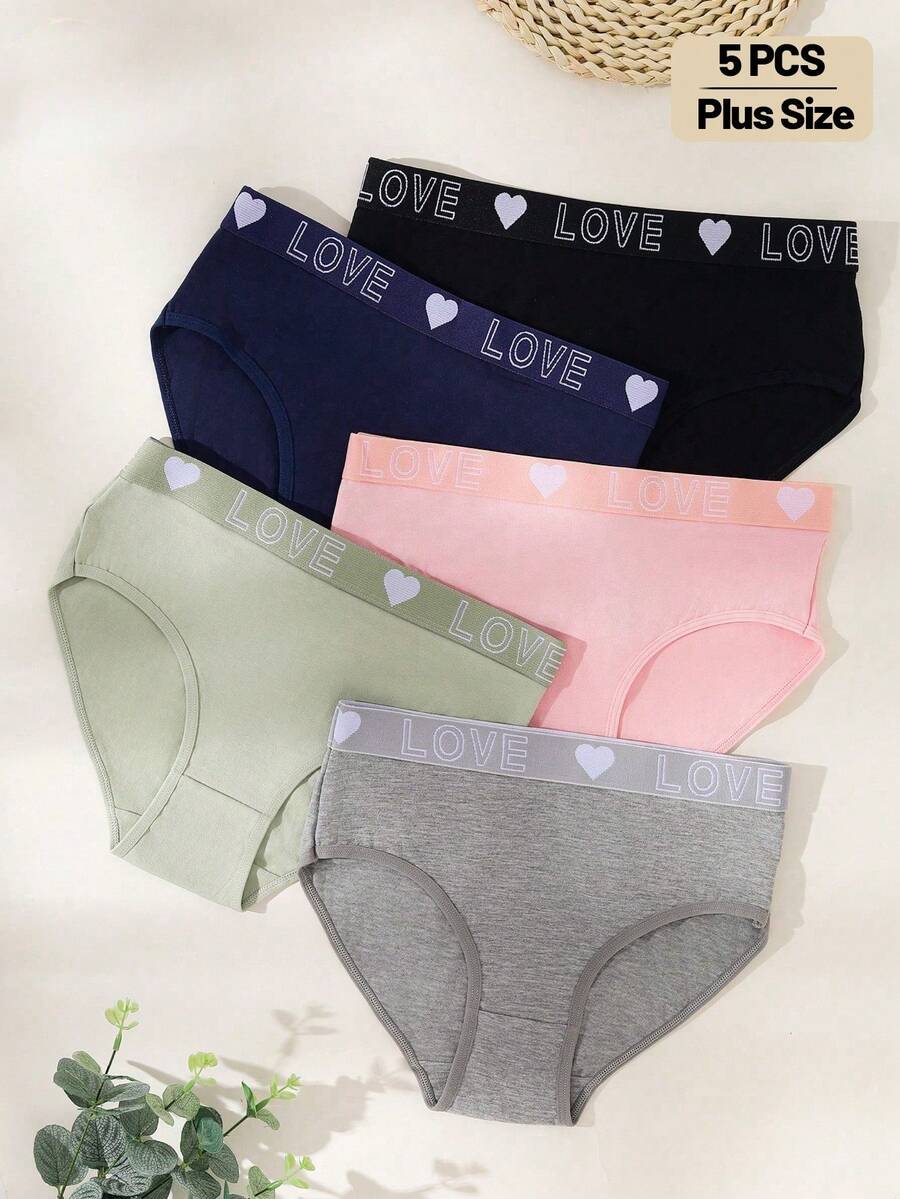 Teowryxou 5 chiếc quần lót tam giác nữ size lớn mềm thoáng khí, cạp lưng vân nổi, họa tiết trái tim, mặc hàng ngày thoải mái
