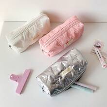 Gentle Style Embossed Bow Large Capacity Pencil Case, Glossy Design Full And Resistant To Deformation, Bow Design Simple And Elegant, Suitable For Student Stationery Storage, Desktop Organizer Storage Bag - A - View 3