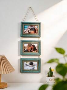 1pc Vintage Green Distressed Faux Wood Wall Hanging Photo Frame, Multi-Photo Collage Frame, Rope Connected, Farmhouse Style Decorative Frame, Suitable For Travel Memories, Portrait Photos, Aesthetic Wall Decor - Green - View 7