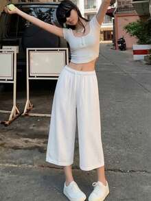 Women's 7/8 Length Wide Leg Pants, Summer New Elastic Waist Drawstring Breathable Slouchy Loose Casual Pants, Suitable For Daily Wear - White - View 2